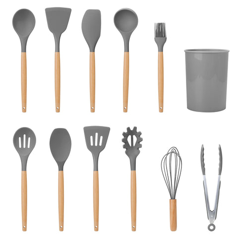 11-Piece Silicone Cooking Utensil Set with Heat-Resistant Wooden Handle - Spatula, Turner, Ladle, Spaghetti Server, Tongs, Spoon, Egg Whisk, and more! - Gray by VYSN