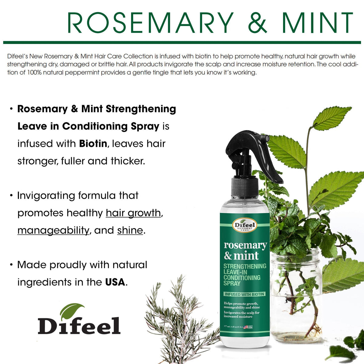 Difeel Rosemary and Mint Strengthening Leave-In Conditioning Spray with Biotin 6 oz. by difeel - find your natural beauty