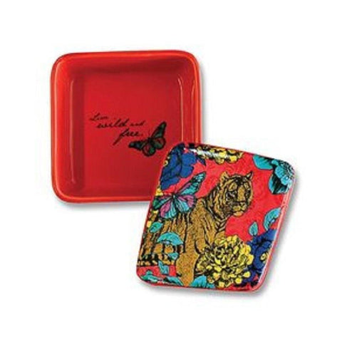 Flower Tiger Keepsake Ceramic Square Trinket Box in Red by The Bullish Store