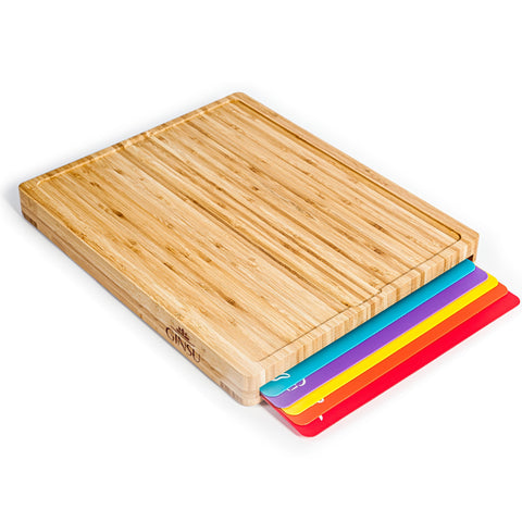 Ginsu Bamboo Wood Cutting Board Set with 6 Color-Coded Mats and Food Icons for Easy Meal Prep and Cleanup by Cooler Kitchen