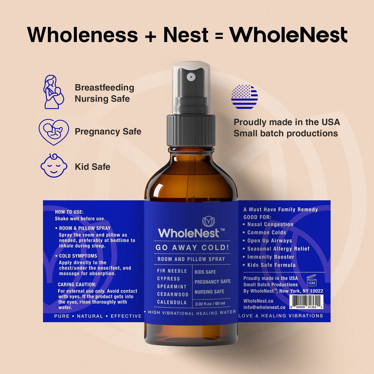Nasal Congestion Relief, Stuffy Nose, Allergy Room & Pillow Spray, Go Away Cold by WholeNest