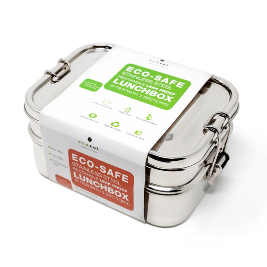 STAINLESS STEEL LUNCH BOX, 2 TIER Leak Proof, 3 COMPARTMENTS, 60 OZ by ecozoi
