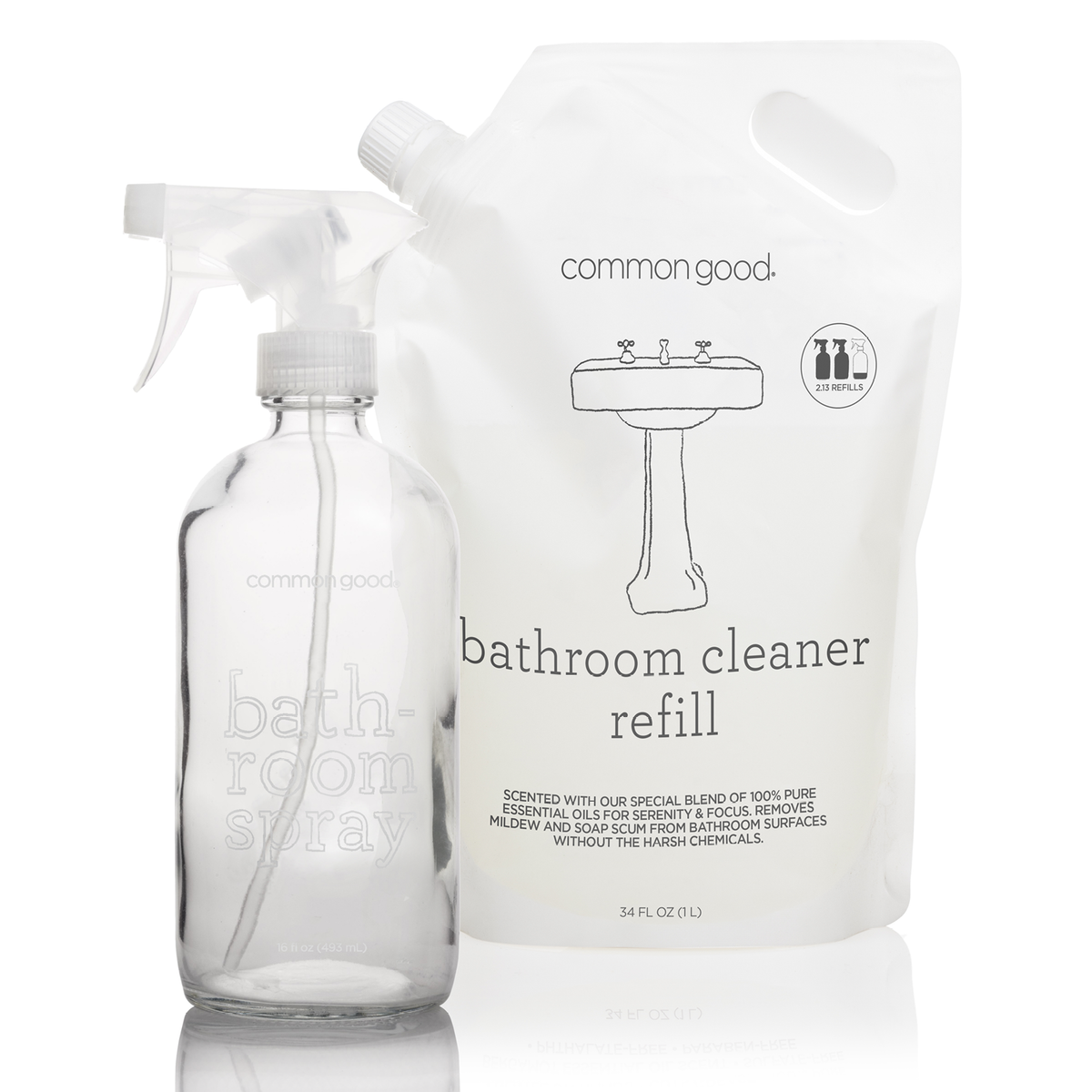 Bathroom Cleaner Refill Pouch and Glass Bottle Set
