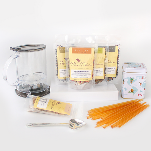 Ultimate Hot Tea Bundle (Tea, Sweets, Scoop, Tin, and Tea Maker) by Plum Deluxe Tea