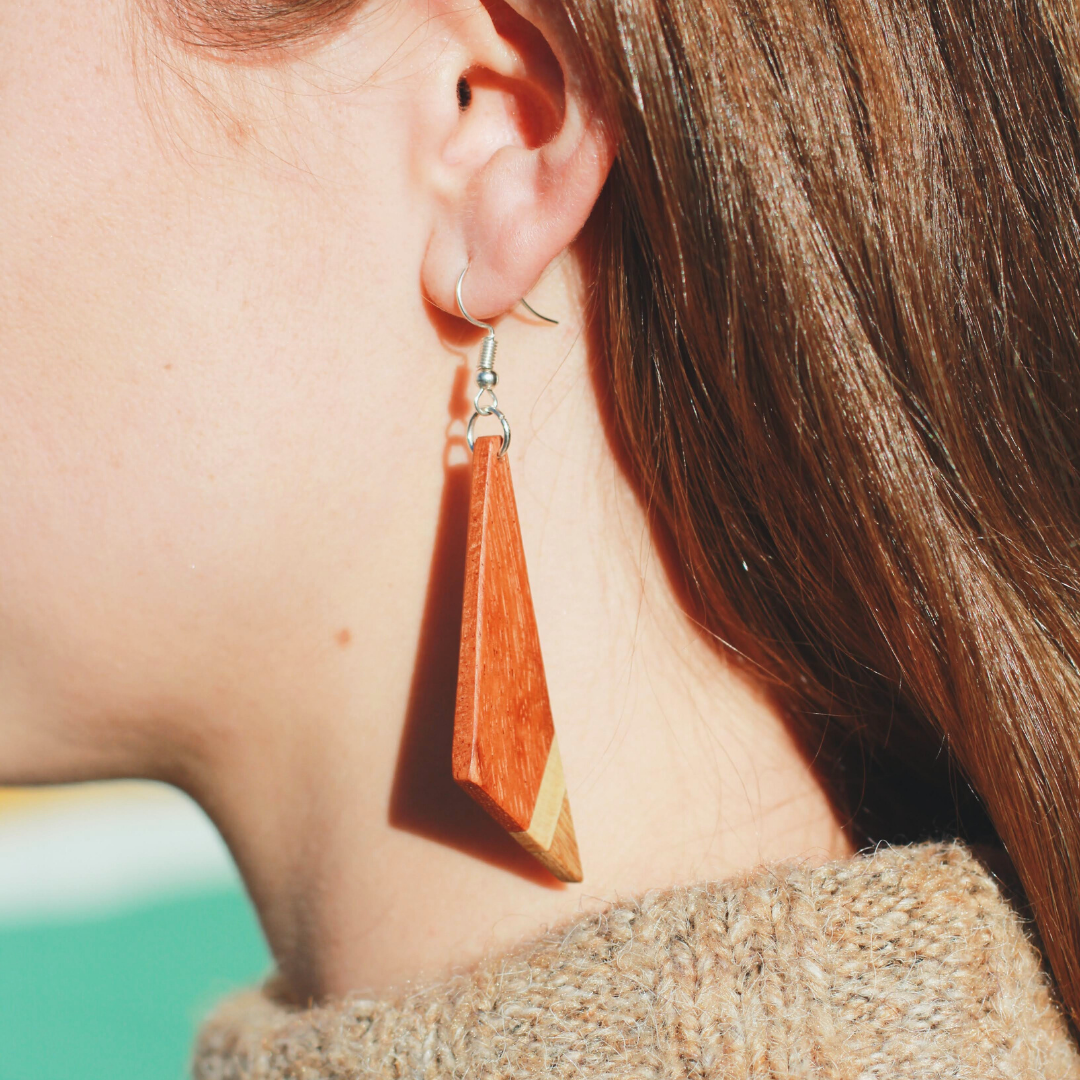 Asymmetric Tri-Tone Wood Triangle Earrings by Upavim Crafts