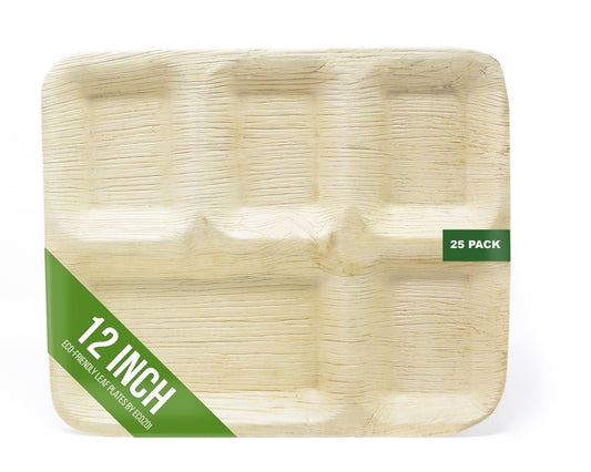 Disposable Dinner Plates, 5 Compartment 12" Rectangle Palm Leaf Plates, 25 Pack by ecozoi