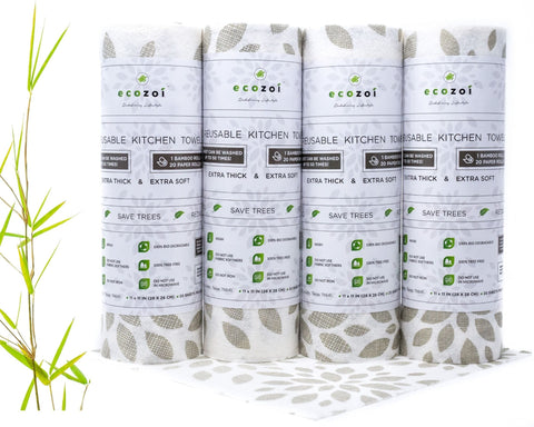 Bamboo Kitchen Paper Towels, Reusable Tree-Free Rolls with Design, 4 Pack by ecozoi