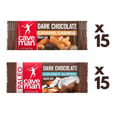 Dark Chocolate Nutrition Bar Minis Combo 30-Pack: Almond Coconut + Caramel Cashew by Caveman Foods