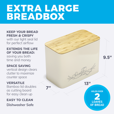 Extra Large Space Saving Vertical Cream White Bread Bin with Eco Bamboo Cutting Board Lid - Holds 2 Loaves - White Extra Large Farmhouse Bread Bins by Cooler Kitchen