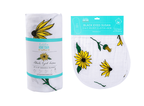 Gift Set: Black Eyed Susan Muslin Swaddle Baby Blanket and Burp Cloth/Bib Combo by Little Hometown