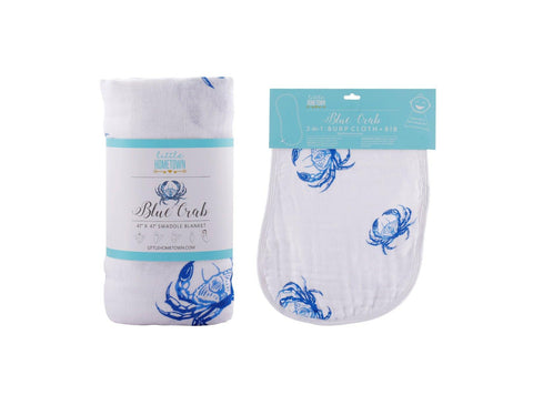 Gift Set: Blue Crab Baby Muslin Swaddle Blanket and Burp Cloth/Bib Combo by Little Hometown