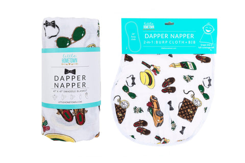 Gift Set: Dapper Napper Baby Muslin Swaddle Blanket and Burp Cloth/Bib Combo by Little Hometown