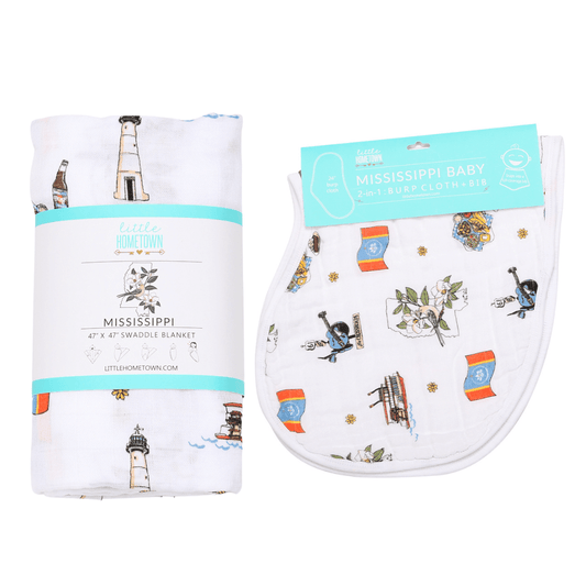 Gift Set: Mississippi Muslin Swaddle Baby Blanket and Burp Cloth/Bib Combo by Little Hometown