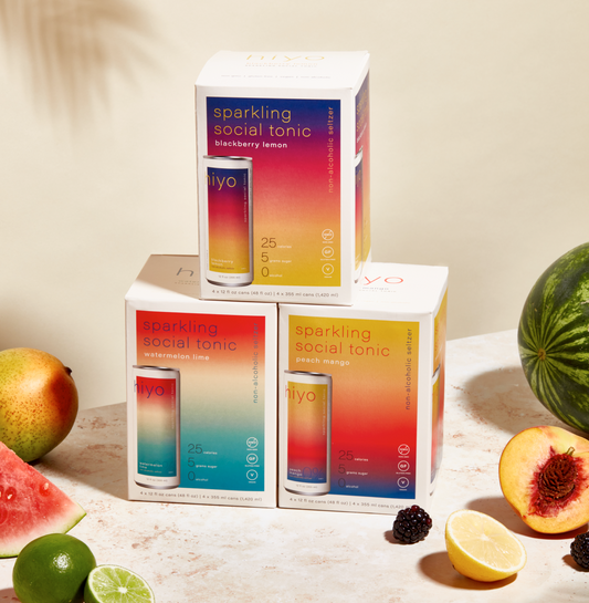 Sparkling Social Tonic, Variety Pack by hiyo, Original flavors - Peach Mango, Watermelon Lime, and Blackberry Lemon