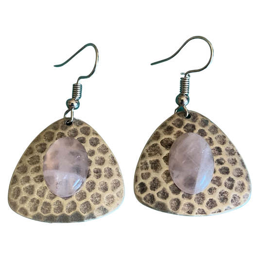 Antique Silver Hammered Guitar Pick Earrings with Rose Quartz Crystal by The Urban Charm by The Urban Charm