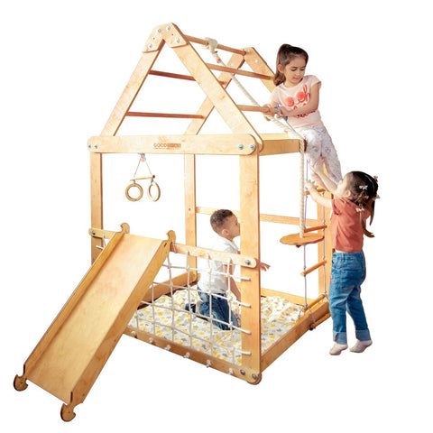 Indoor Wooden Playhouse with Swings and Slide Board by Goodevas