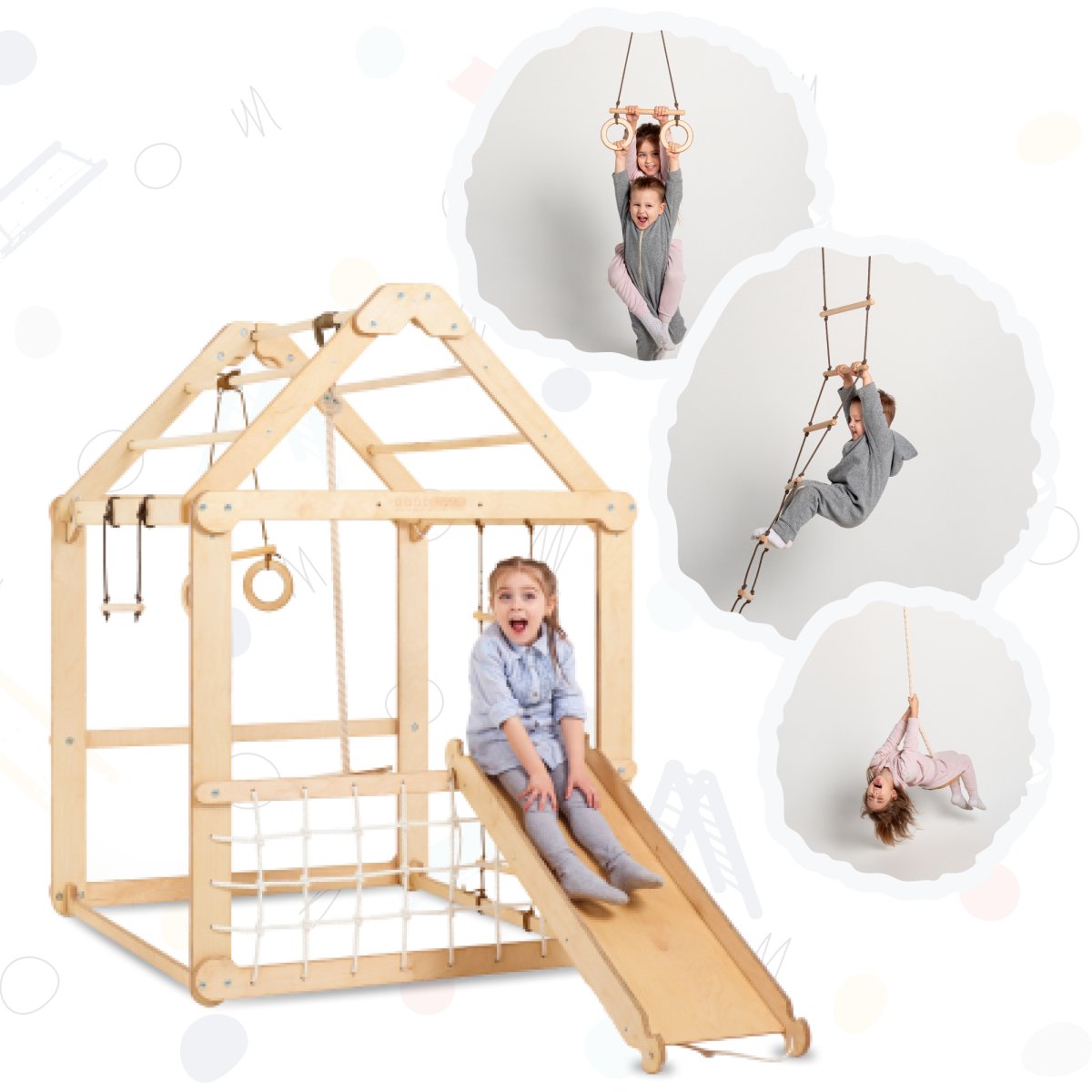Indoor Wooden Playhouse with Swings and Slide Board by Goodevas