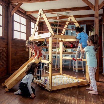 Indoor Wooden Playhouse with Triangle ladder, Slide Board and Swings by Goodevas