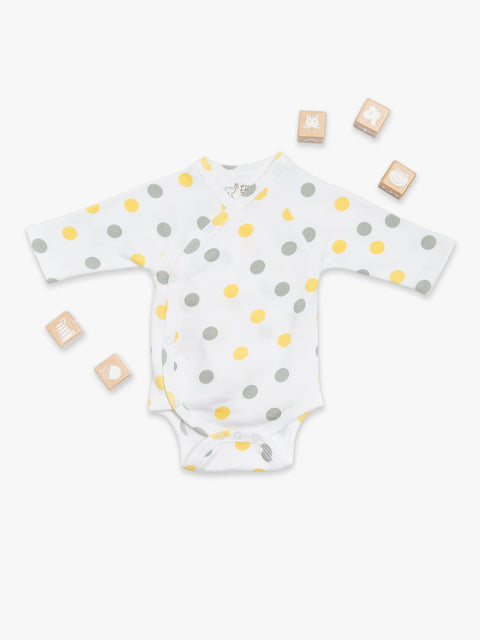 Organic Cotton Kimono Bodysuit - Yellow & Gray Polka dots by Little Moy