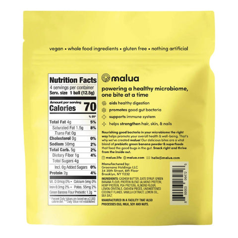 Malua Prebiotic Organic Gut Healthy Vegan Keto Friendly, Low Carb Cashew Lemon Bites - 8  Bags x 1.8 oz by Farm2Me