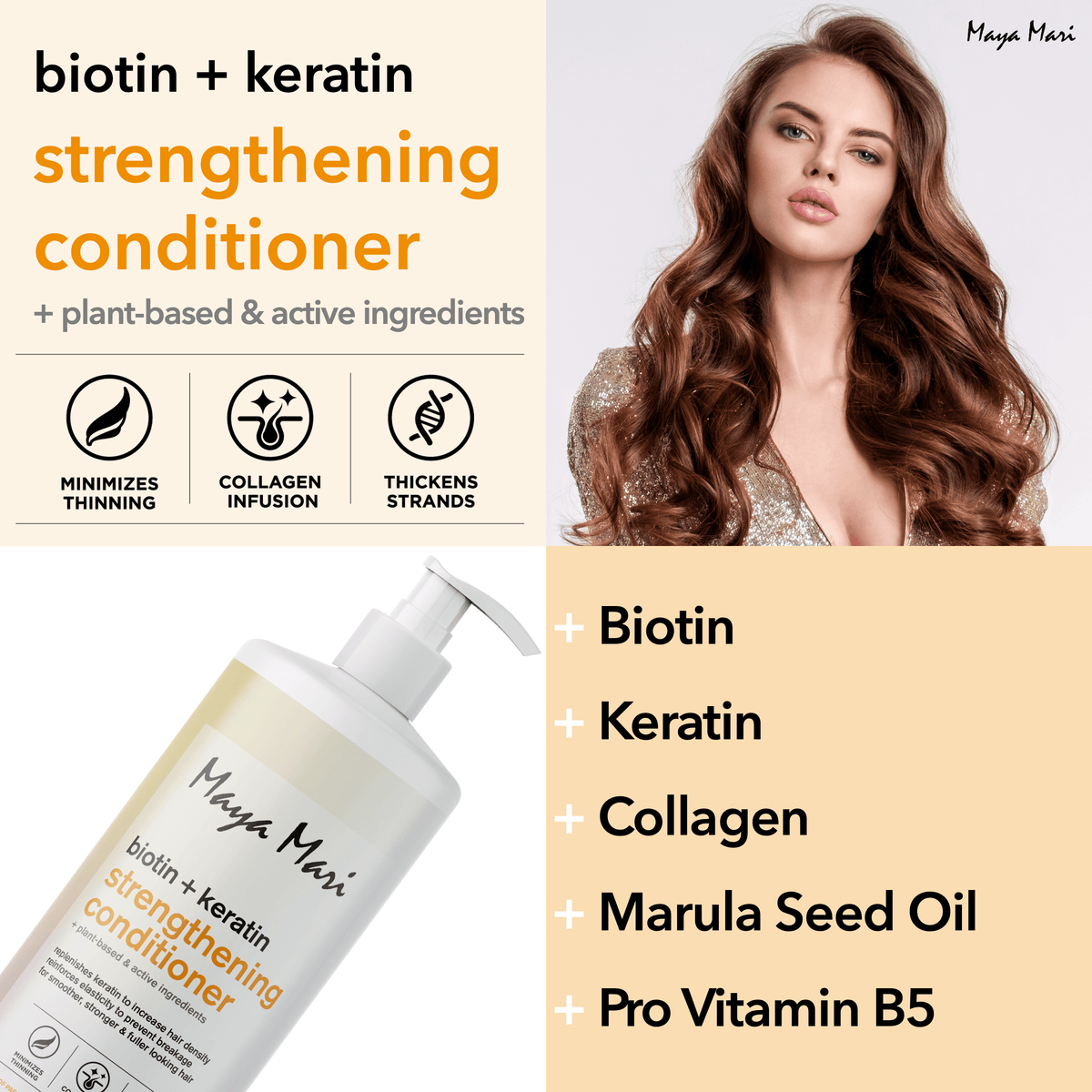 Maya Mari Biotin Keratin Strengthening Conditioner Sulfate Free - Thickening & Growth for Thinning Weak Hair, 32 fl oz by  Los Angeles Brands