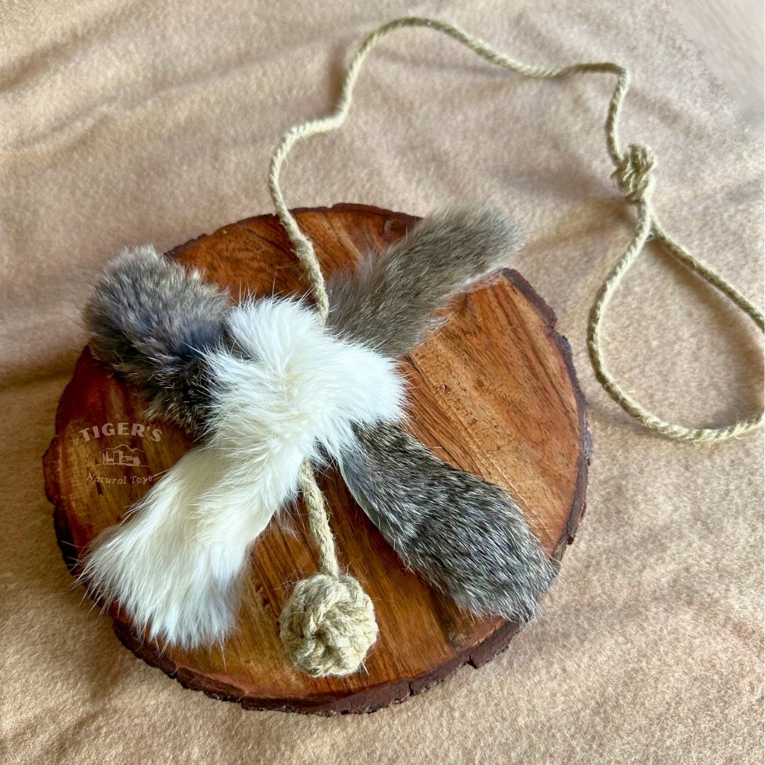 Rabbit Fur Cat Toy with Natural Hemp Rope, Handmade Cat Chase Toy