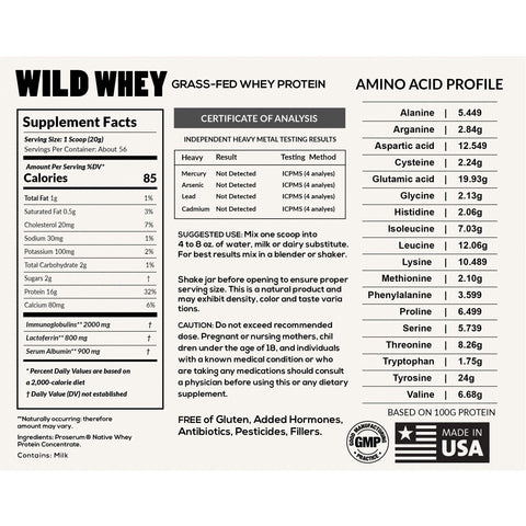 Cold Process Grass-Fed Whey Protein, Nondenatured, Pasture-Raised Cows by Wild Foods