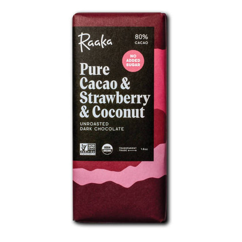 Pure Cacao & Strawberry & Coconut Chocolate, 80% Cocoa / Cacao, Unroasted, Raw - 12 Bars x 1.8oz by Farm2Me