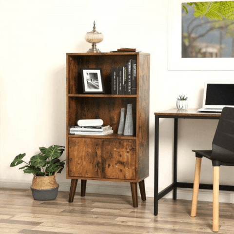 Retro 2-Tier Bookshelf with Doors Storage Cabinet for Books by Plugsus Home Furniture