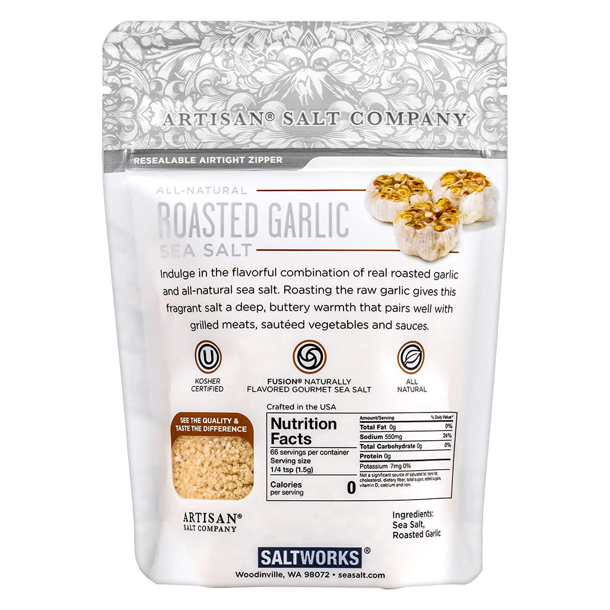 Garlic Flavored Sea Salt, Real all Natural Sea Salt Fused with Golden-brown roasted Garlic, Zip Top Pouch (3.5 oz) by Alpha Omega Imports