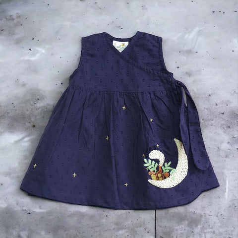 Organic Cotton Embroidered Girls Navy Blue Jabla / Dress - Moon and Stars - LoveMore